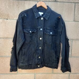 Forever 21 Women's Distressed Long Sleeve Denim Jacket Size Medium Black